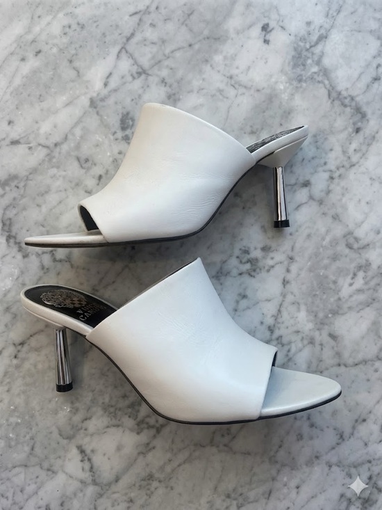 Vince Camuto Shoes - Vince Camuto Pileesa White Leather Mules Slides Sandal Silver Metal Heel 8.5